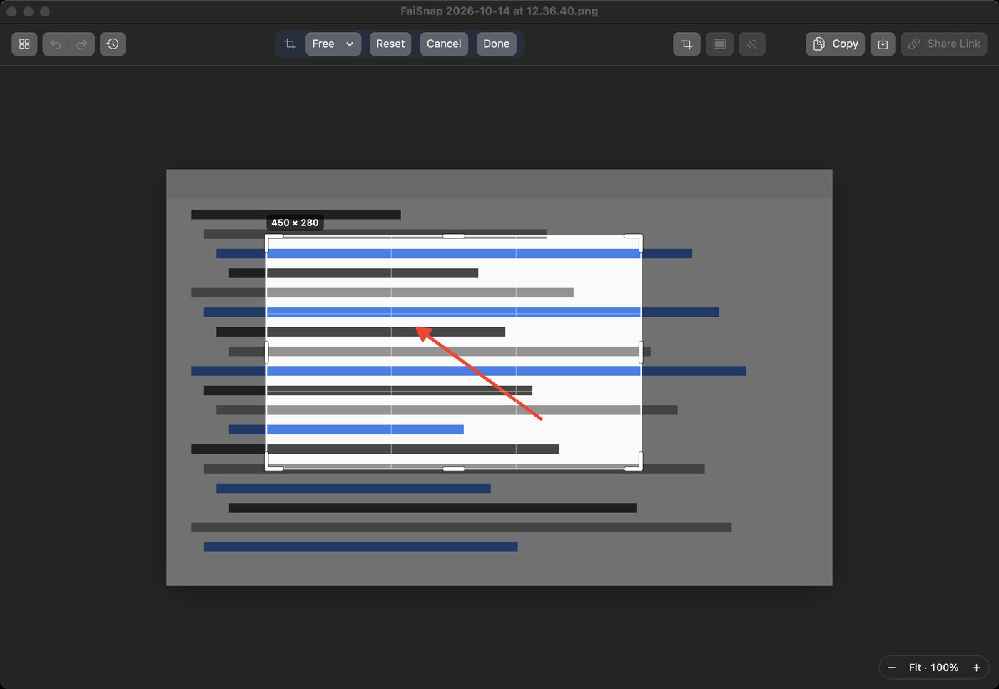 The editor cropping a screenshot, with a rule-of-thirds grid and its size
