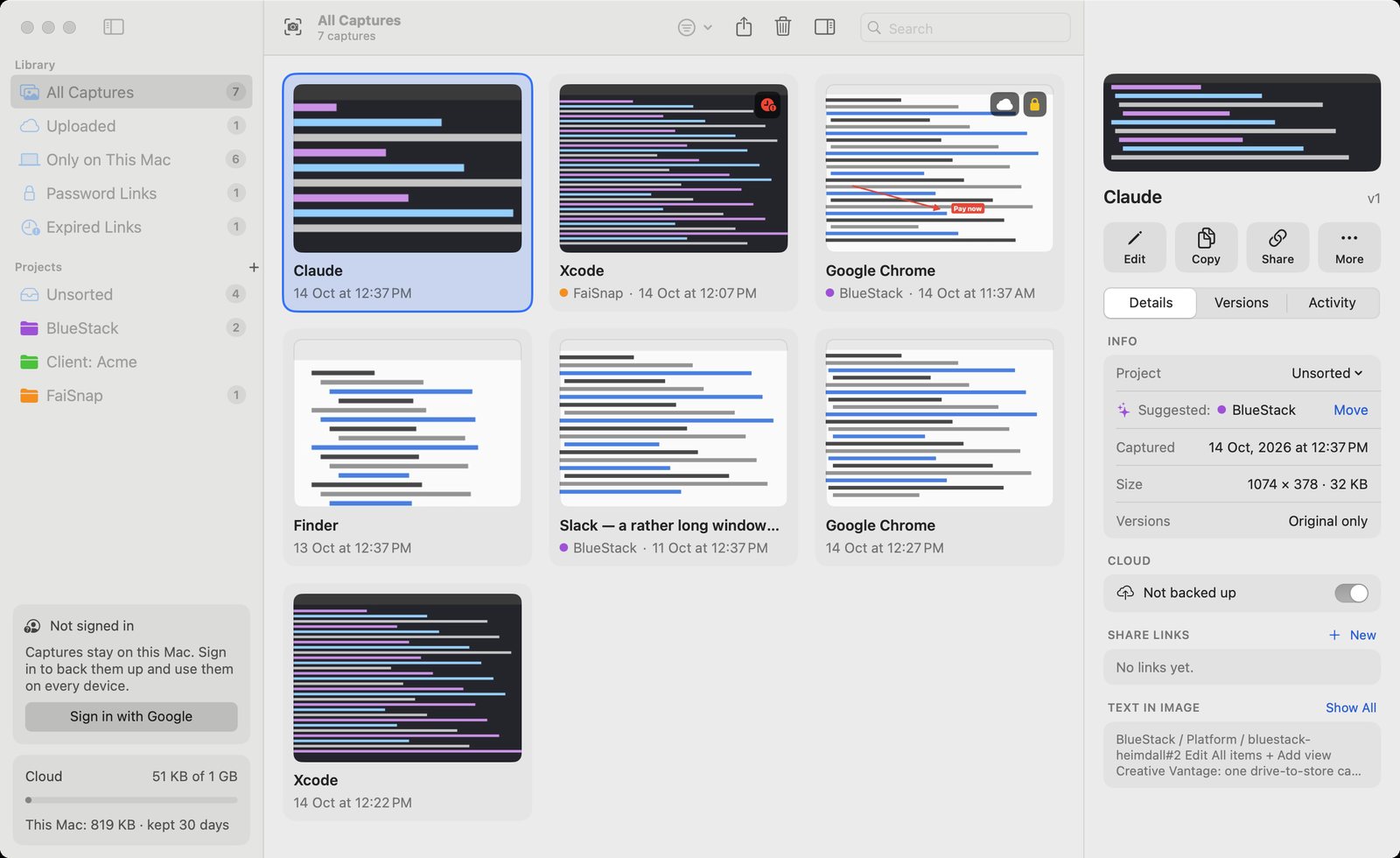 The FaiSnap Library: captures in a grid, filed into projects, with details, versions and links in the inspector