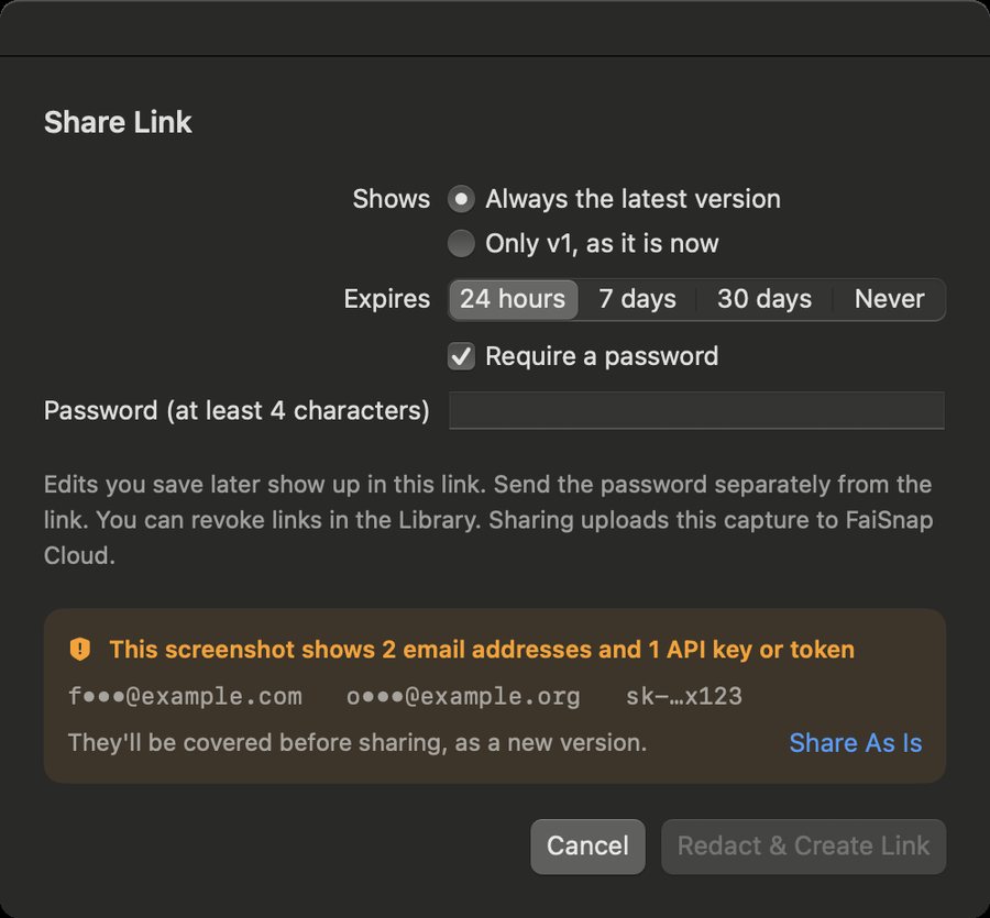 Share sheet listing the sensitive text it found, offering Redact and Create Link